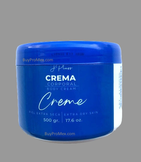 A container of J Pluss Crema Corporal Extra Dry Skin Cream, 500g size, with blue labeling.