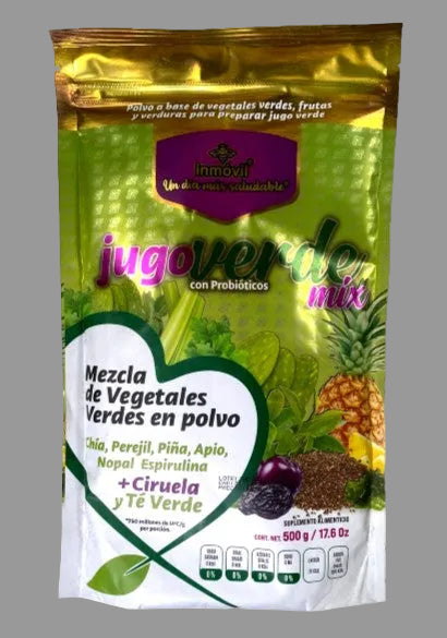 Jugo Verde Mix con Probióticos 500g green vegetable powder supplement front packaging Inmóvil Mexico