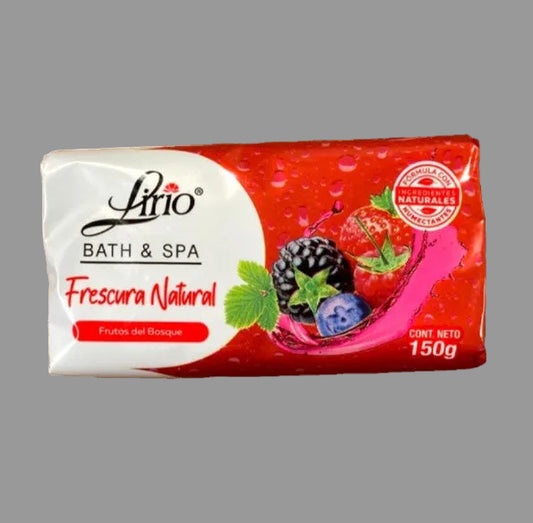 "Lirio Bath & Spa Frescura Natural Frutos del Bosque 150g — Mexican wild berry bar soap with natural moisturizing ingredients"