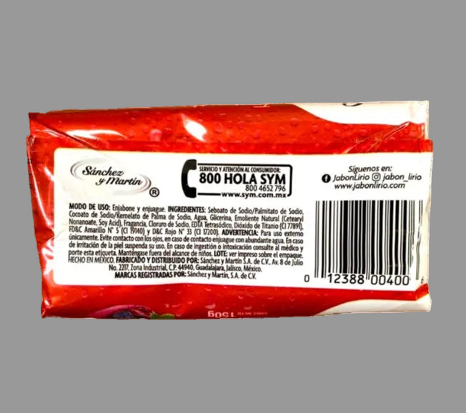  "Lirio Bath & Spa wild berry soap ingredients and manufacturer info — Sánchez y Martín, Guadalajara Mexico"