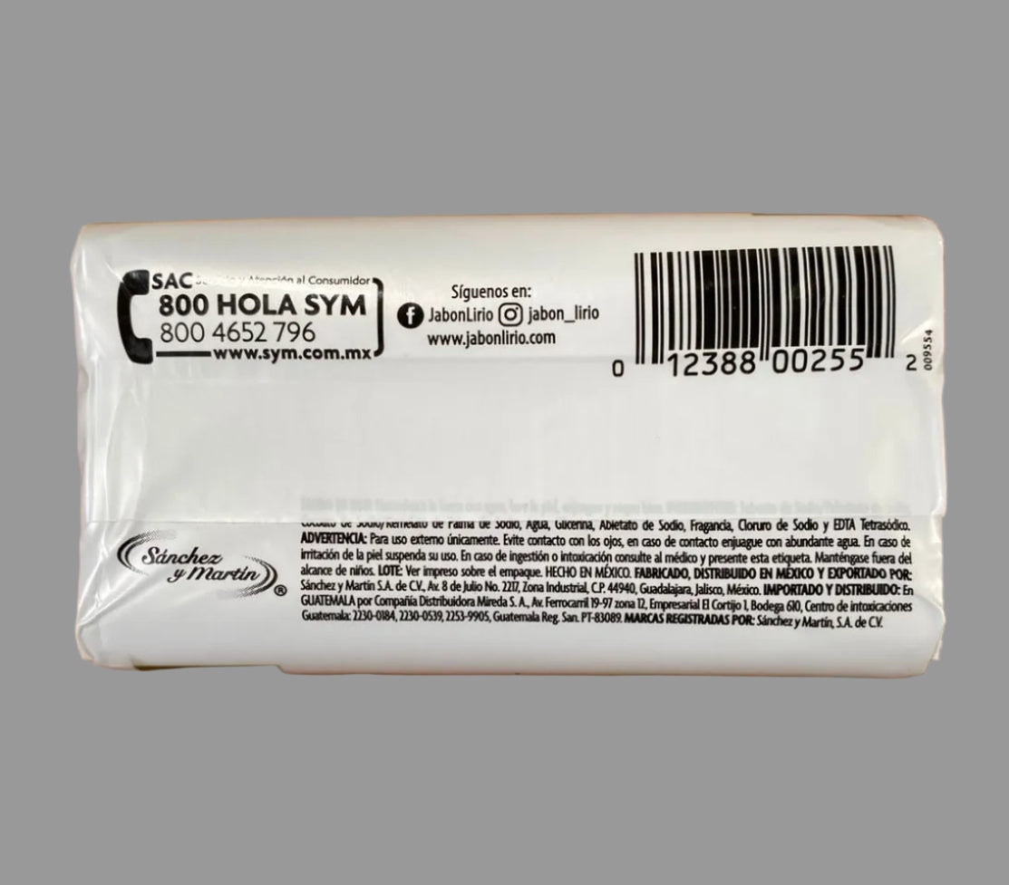  "Lirio Dermatológico bar soap ingredients and manufacturer info — Sánchez y Martín, Guadalajara Mexico"