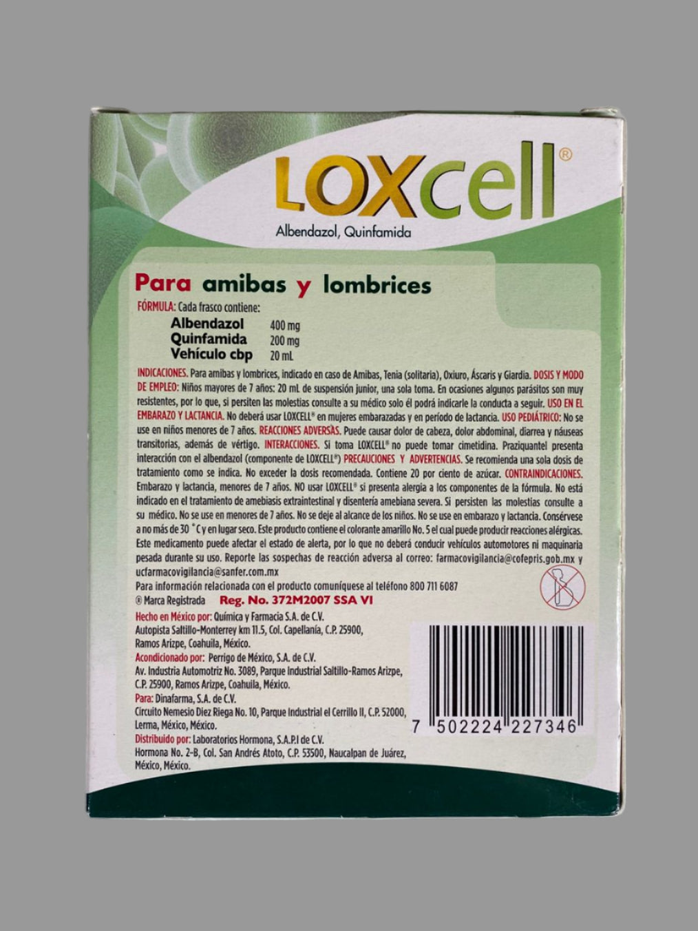 Back view of a LOXCELL product packaging on a gray background