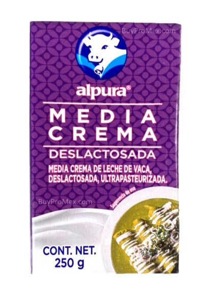 Alpura Media Crema packaging with purple design and white text