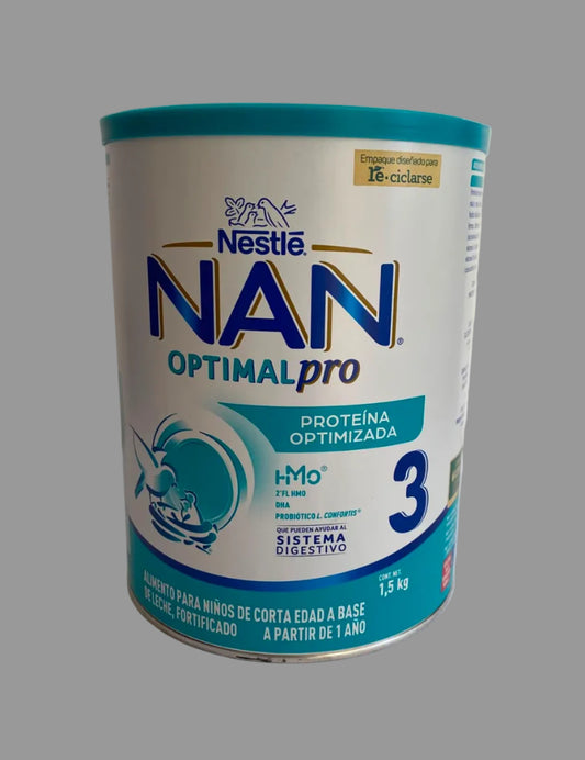 A 1.5 kg can of Nestle Nan Optimal Pro Stage 3 infant formula powder, featuring a white and teal design with blue branding, set against a plain off-white background.