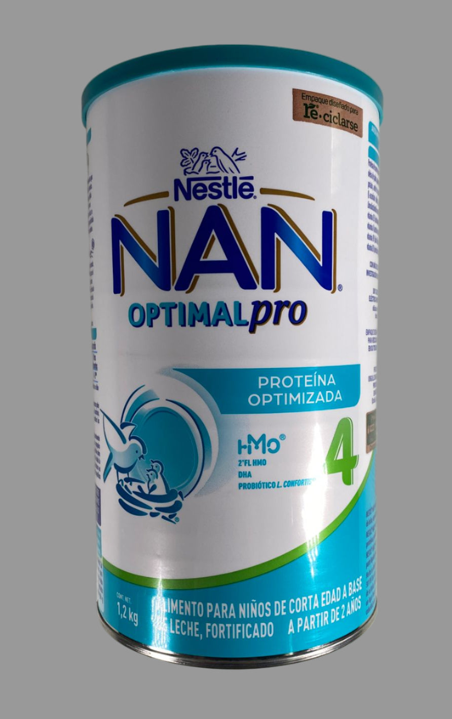 Nestle NAN Optimal Pro 4 powder can on a gray background