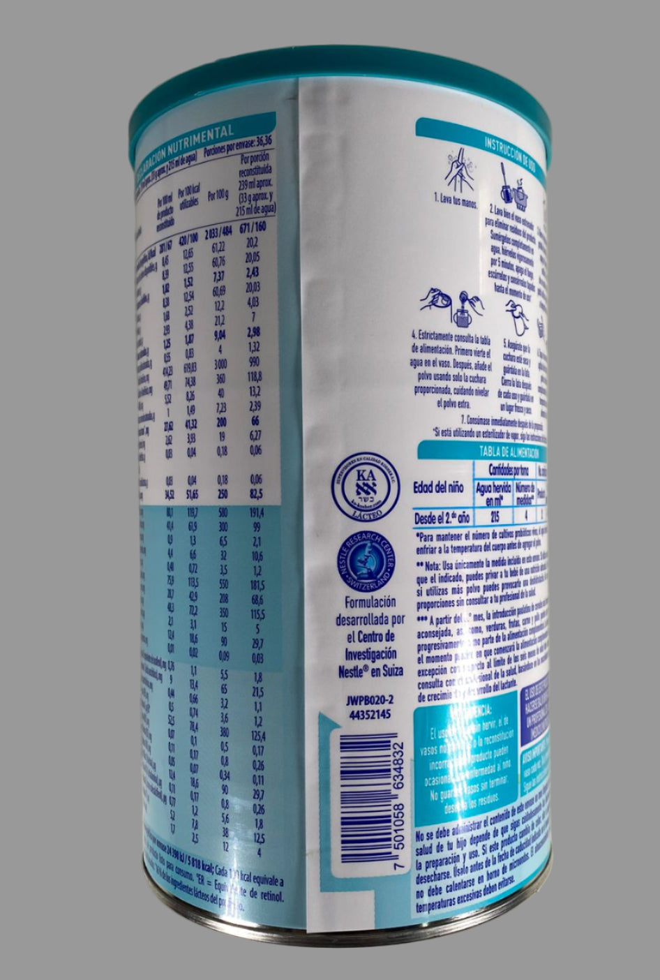 Back view of a blue and white canister with text and logos on a gray background