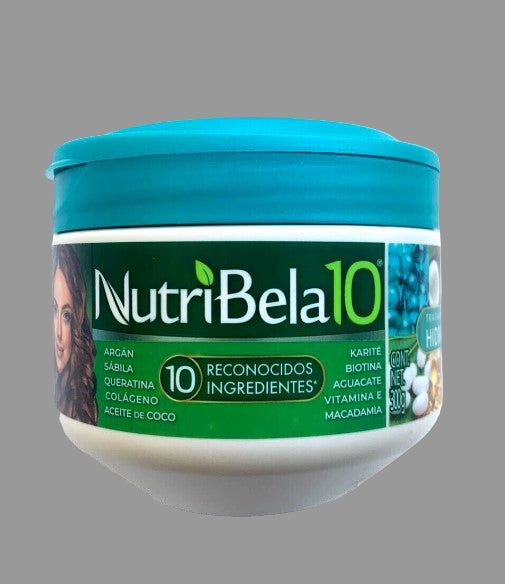A container of NutriBela10 hair treatment, which is a hydrating formula with argan, monoi, and coconut oil, enriched with vitamins and minerals.
