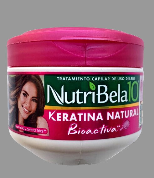 Container of NutriBela10 Keratina Natural hair treatment, 300g size, with a pink lid and a label featuring an image of a woman's face.