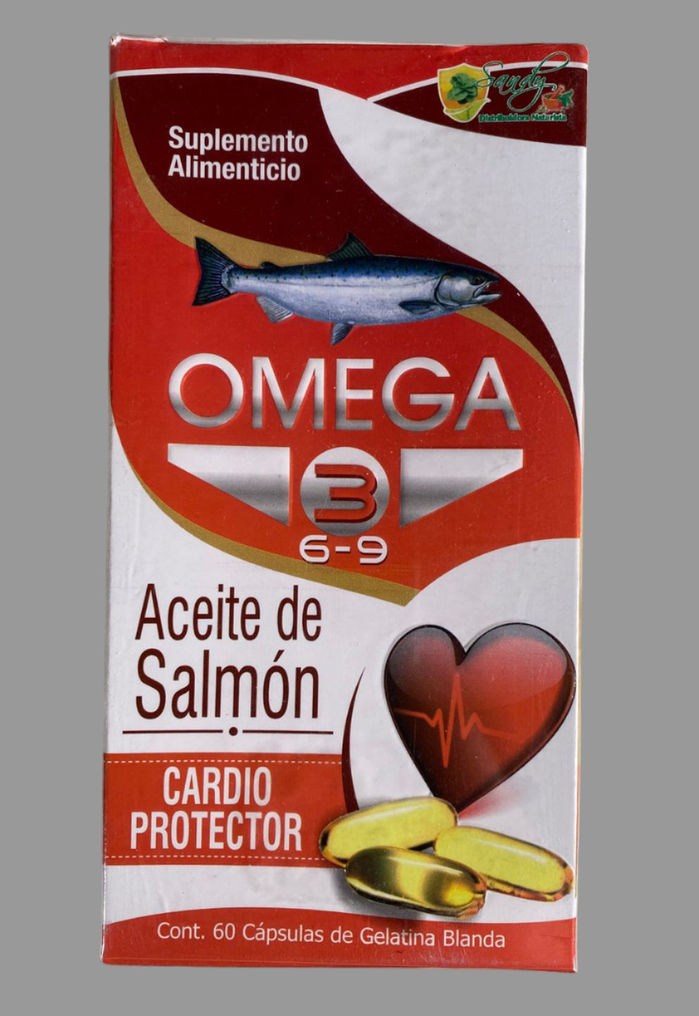 Box of Omega-3 fish oil supplement with salmon and heart illustration on a white background