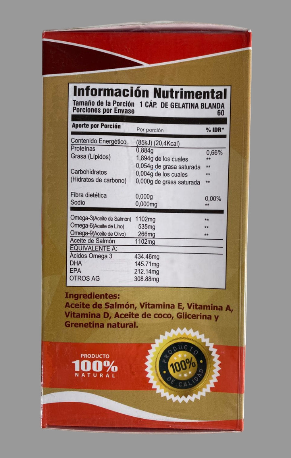 Nutritional information label on a product packaging with a gold and red design.