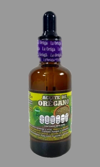 Aceite de Orégano oregano oil supplement 50ml amber dropper bottle La Ortiga Mexico front view