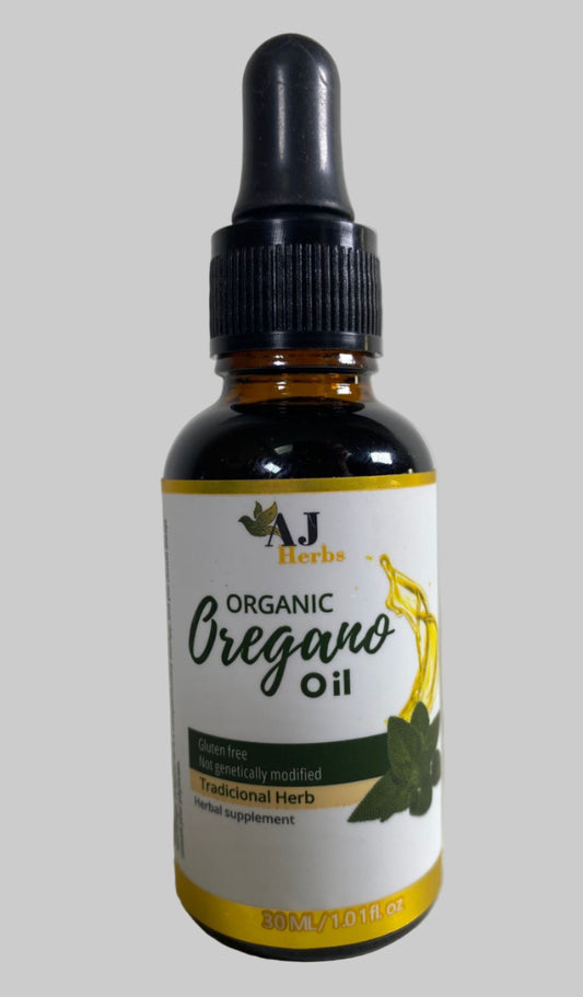 Bottle of organic oregano oil with a white background