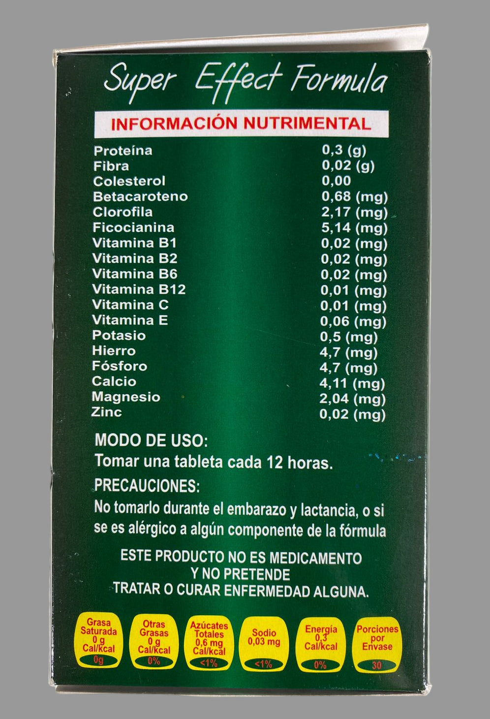 Nutritional information label on a green box with text and numbers.