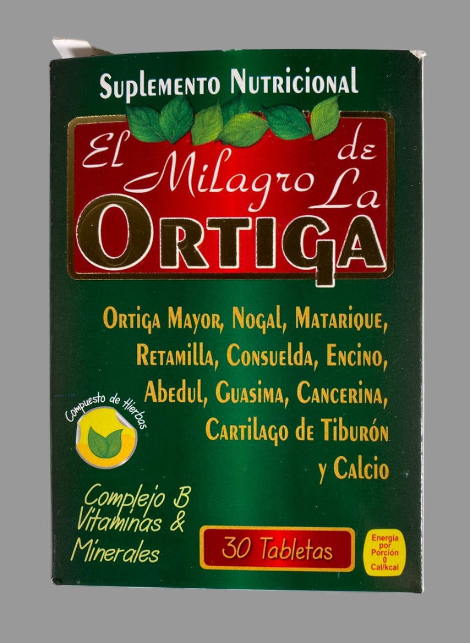 Supplement packaging with 'El Milagro de La Ortiga' branding on a white background