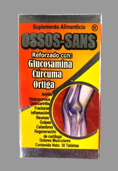 Supplement package labeled 'Ossos Sans' with text and an illustration of a knee on a white background.