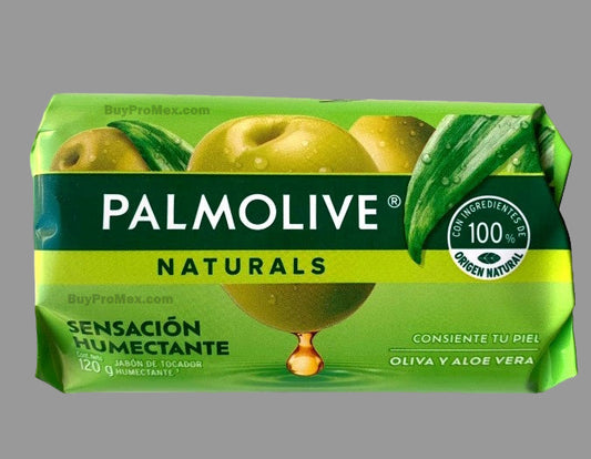 A pack of Palmolive Naturals soap with a green label, featuring an image of an olive and leaves, and text indicating the scent and natural ingredients.