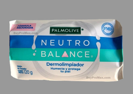 A bar of Palmolive Neutro Balance soap with packaging, indicating dermolimpiador for the skin.
