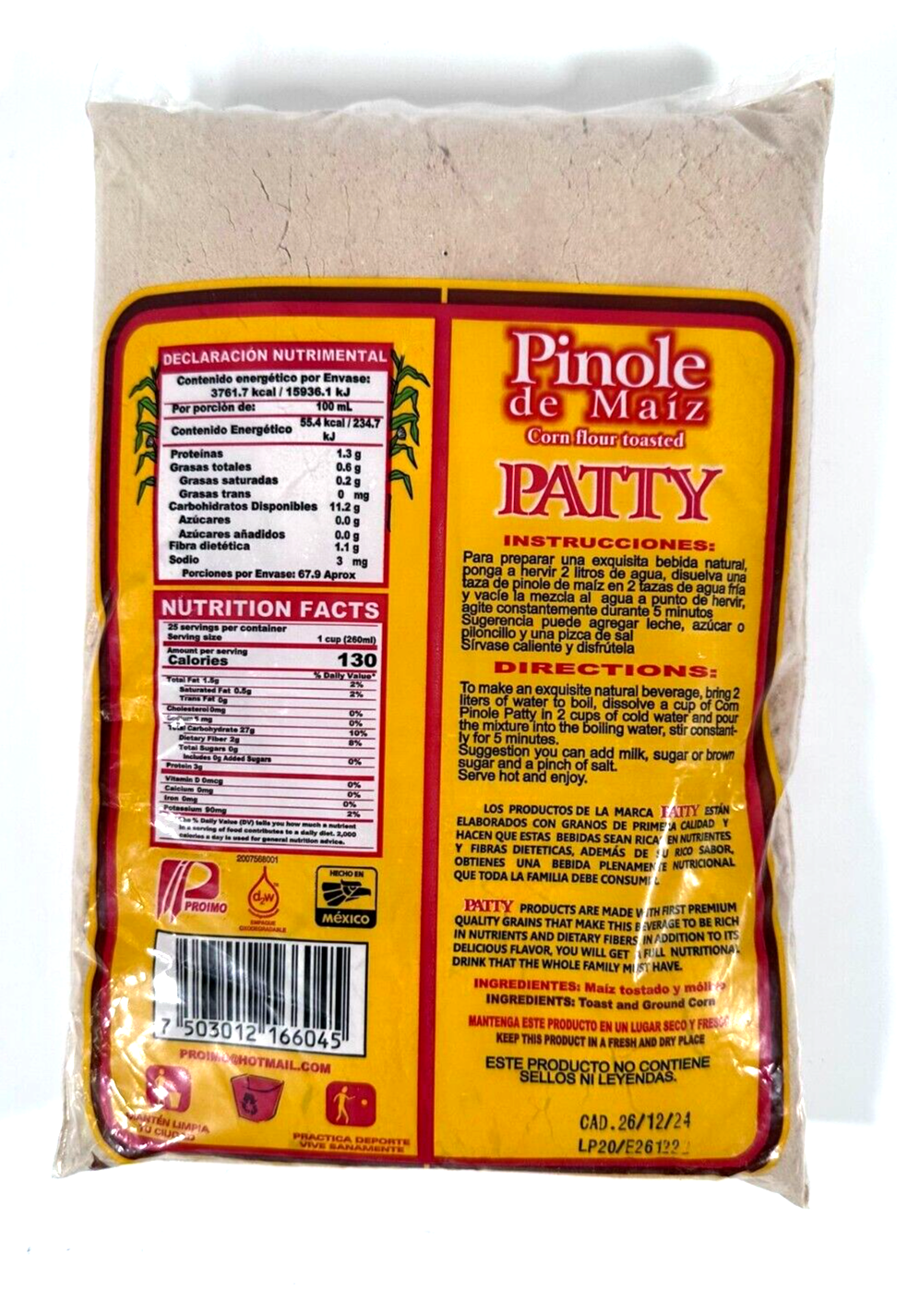 Pinole de Maiz Patty / Patty Toasted Corn Beverage mix 1kg / 35.274Oz