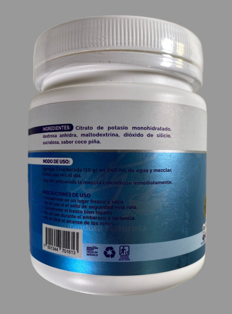 Container with blue label on a white background