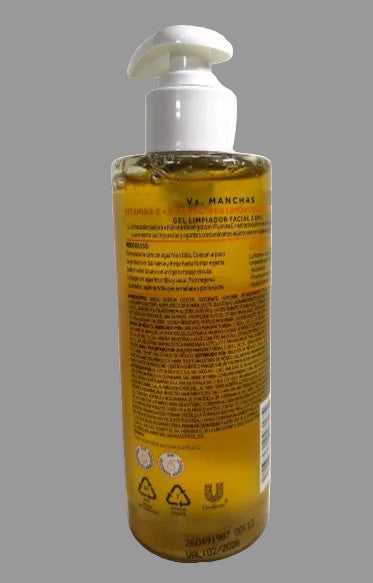 Bottle of Vila Mancha facial cleansing gel with pump on a white background