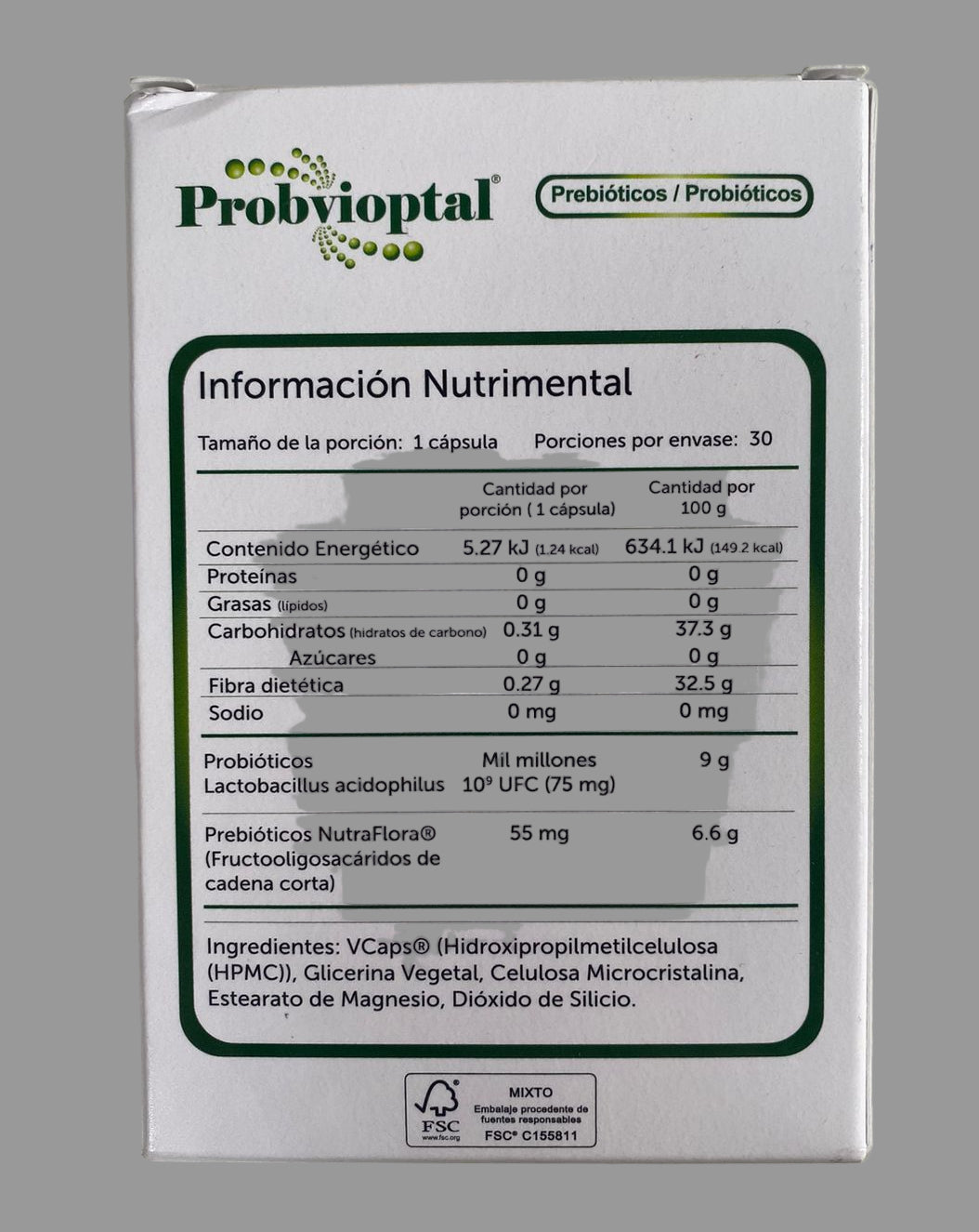 Probiotic supplement packaging with nutritional information on a gray background