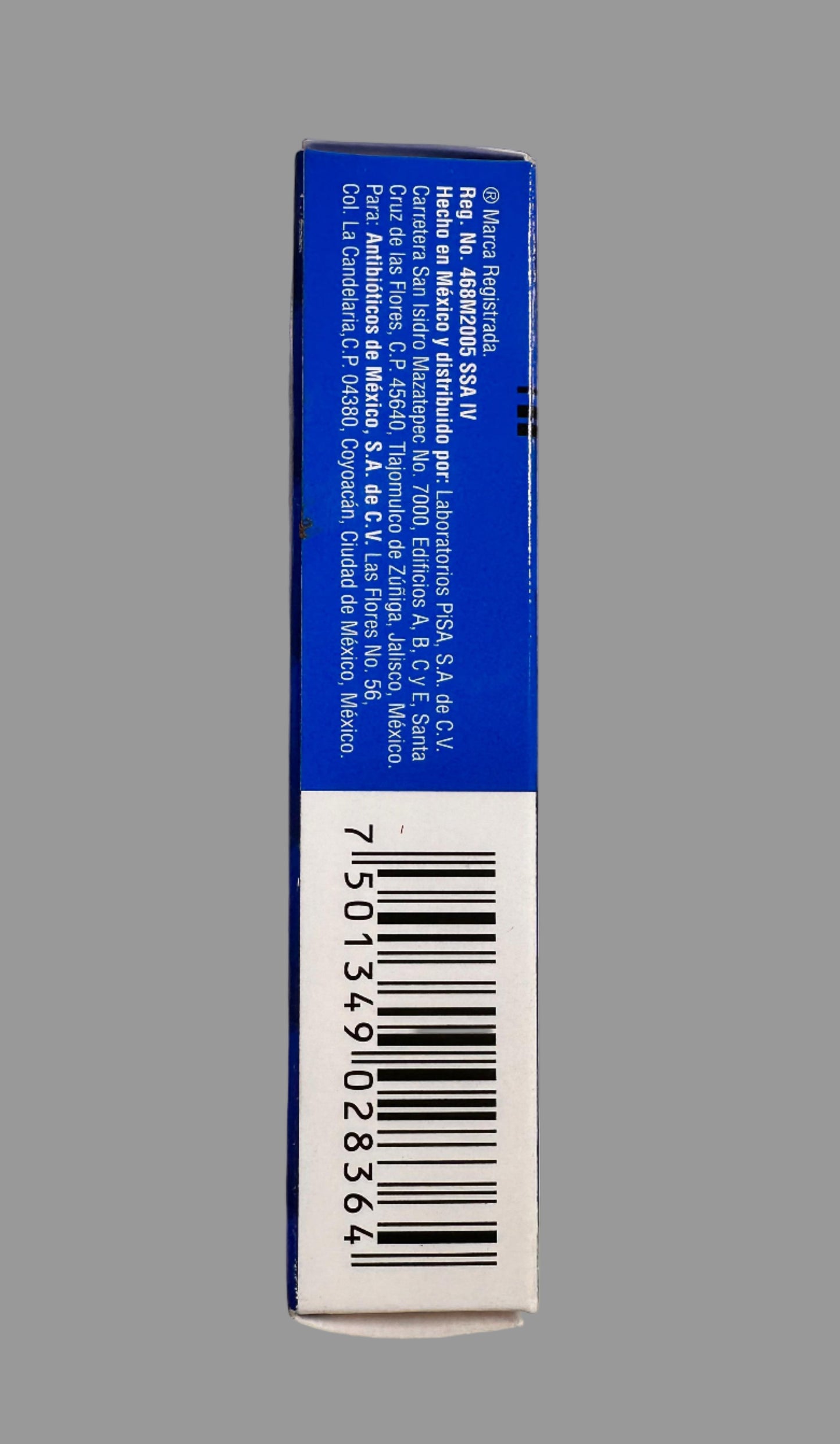 Blue and white box with a barcode on a light gray background