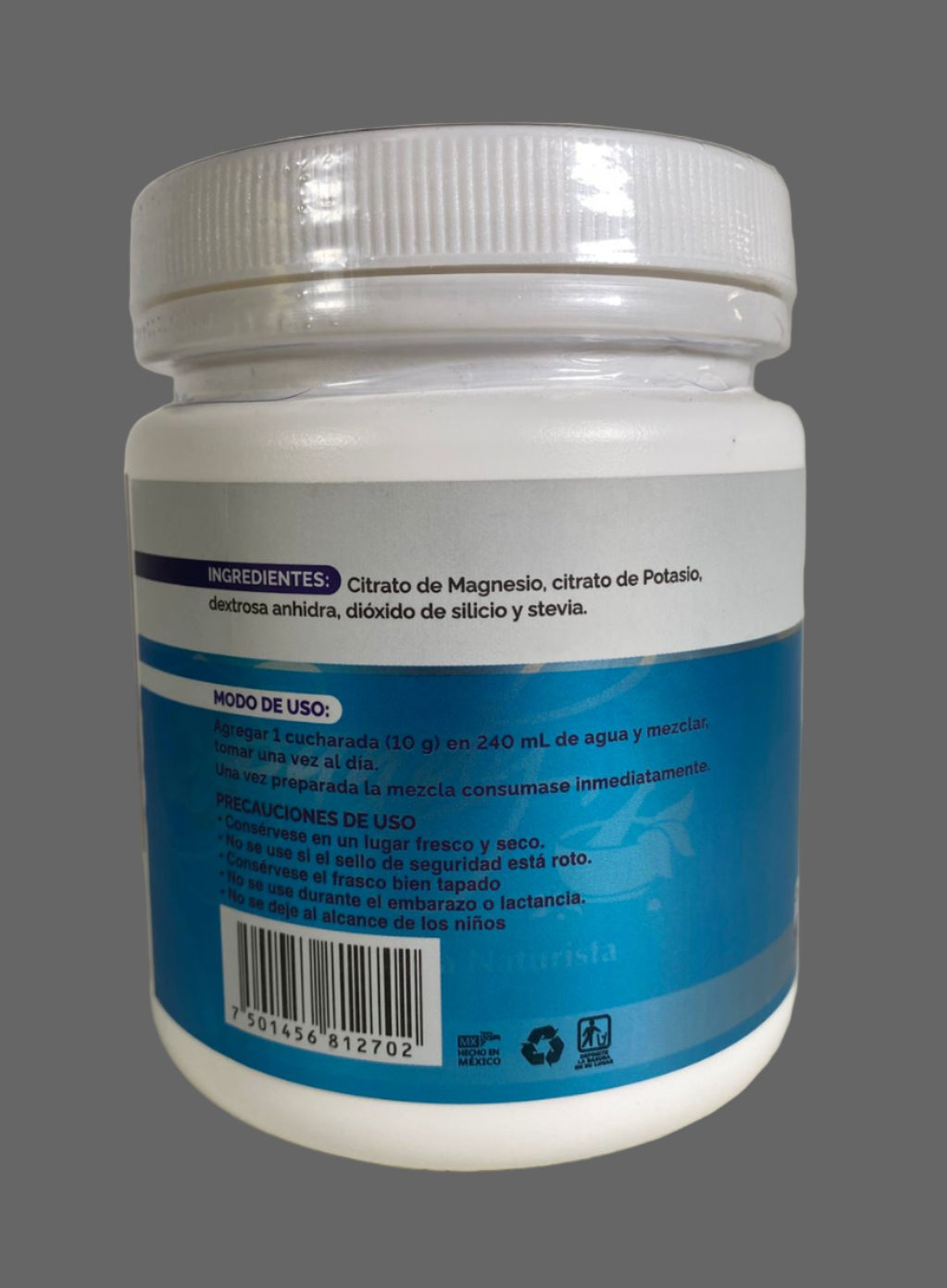 White container with blue label on a white background