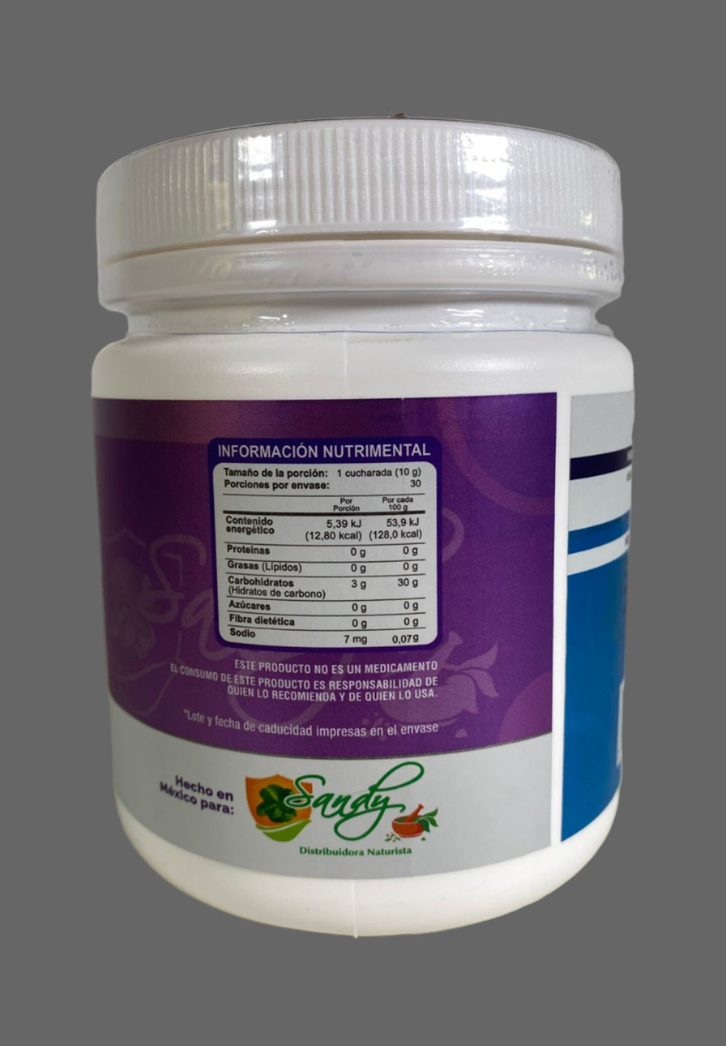 White supplement container with purple label on a light gray background