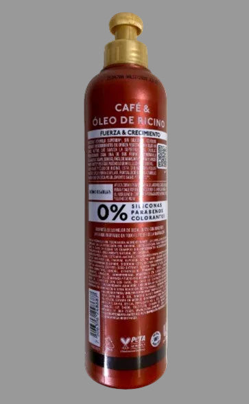 Bottle of 'Café óleo de Ricino' hair care product on a white background