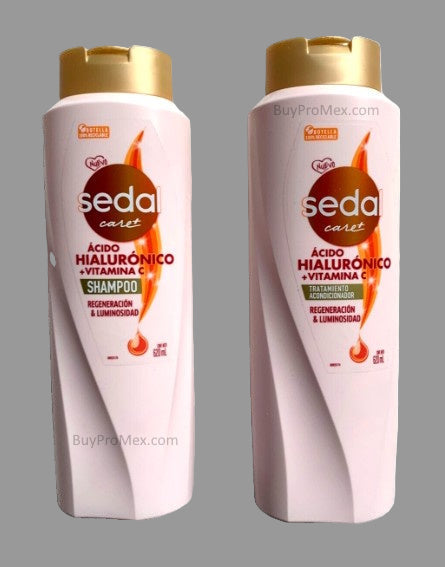 Two bottles of Sedal Care Plus Hyaluronic Acid Shampoo & Conditioner, each with a capacity of 620ml, displayed side by side.