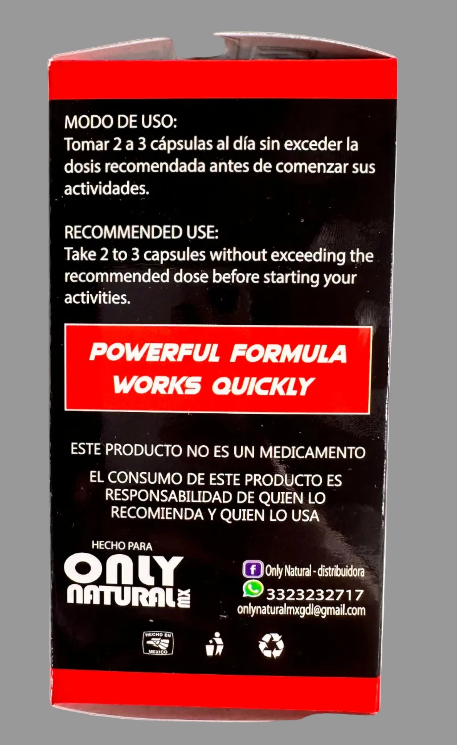 Back of a supplement container with text and branding on a light gray background