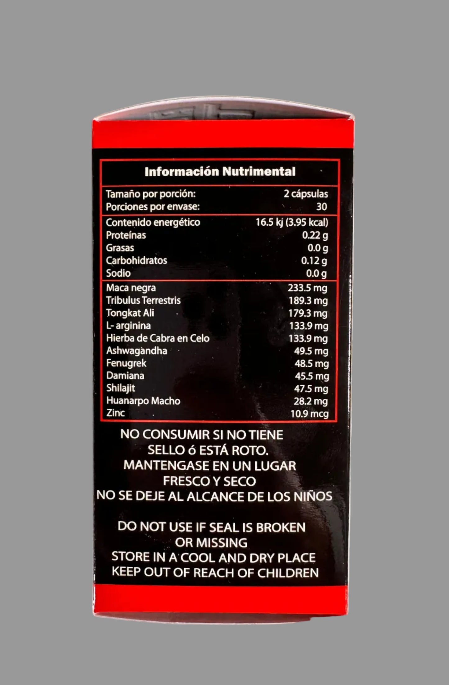 Nutritional information label on a supplement container against a light gray background