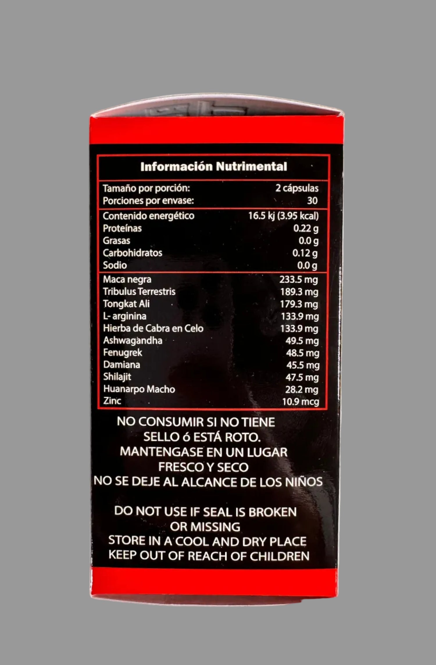 Nutritional information label on a supplement container against a light gray background