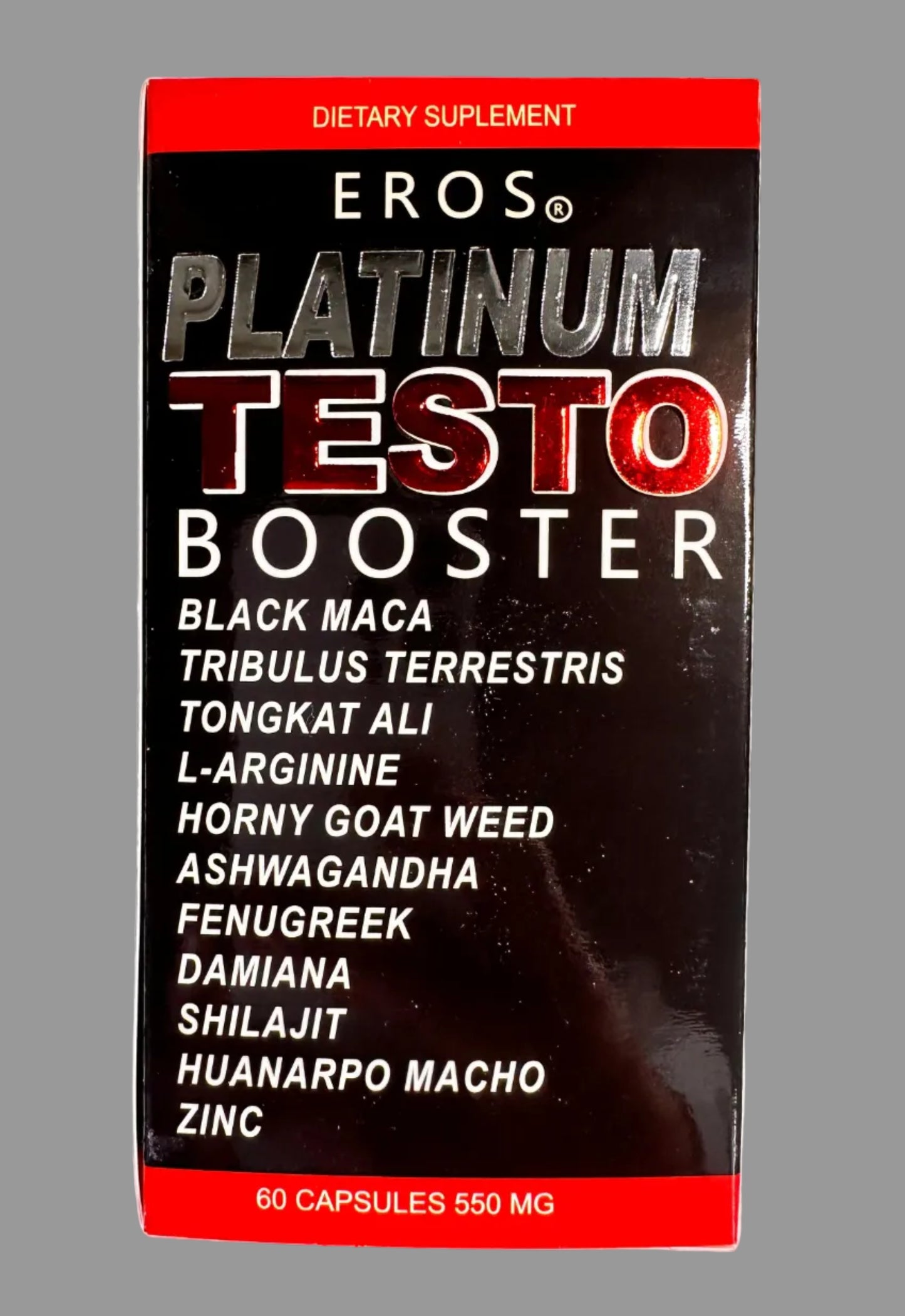Eros Platinum Testo Booster supplement packaging on a light gray background