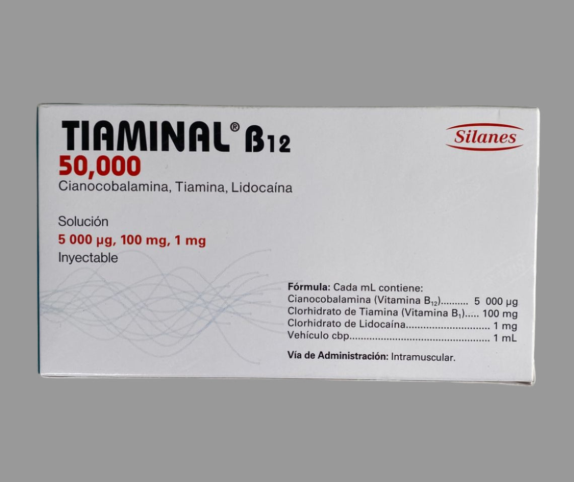 Tiaminal B12 injectable packaging on a gray background