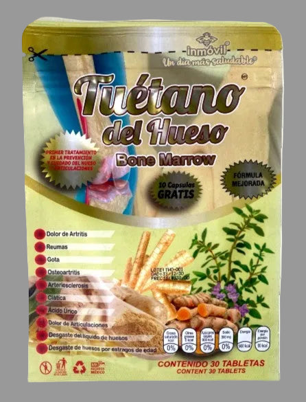 Tuétano del Hueso bone marrow supplement 30 tablets front packaging Inmóvil Mexico