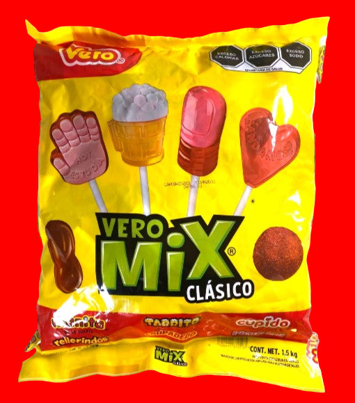 Yellow package of Vero Mix candy with colorful lollipops on a white background