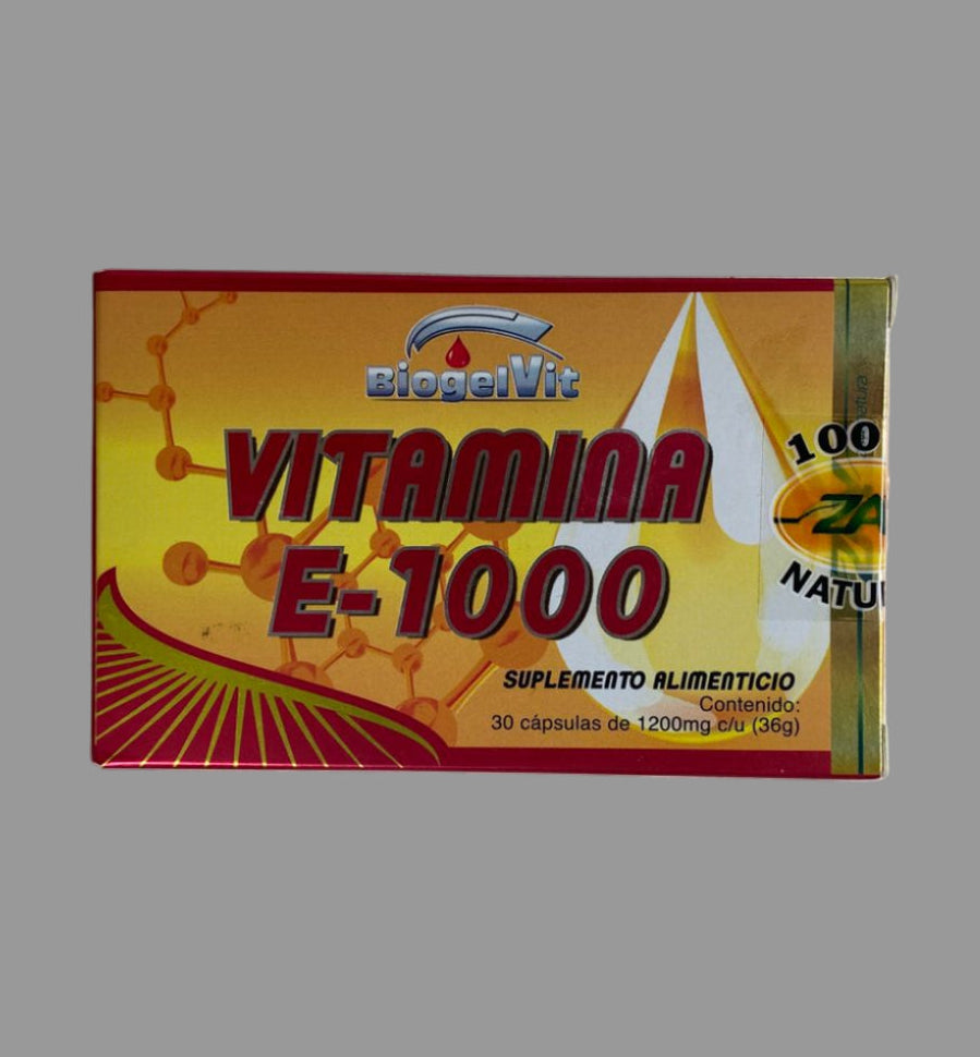 Vitamina E-1000 supplement box on a white background