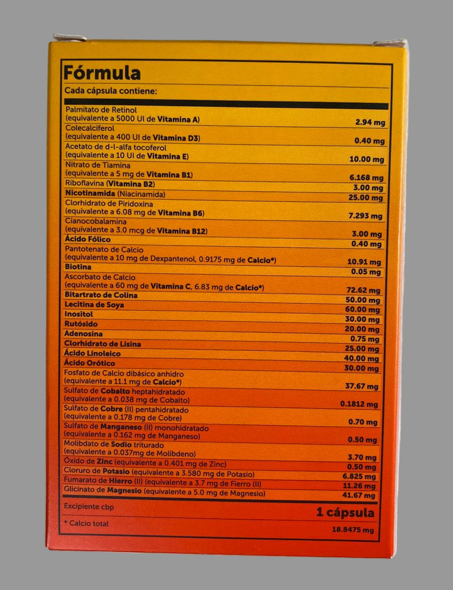 Nutritional label on a supplement package with detailed information on a white background