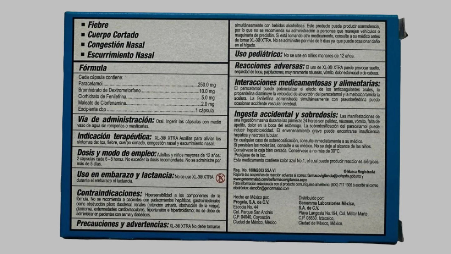 XL-3 Xtra ( Clorfenamina,Fenilefrina, Dextrometorfano, Paracetamol) 12 Capsules