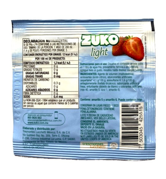 12 Pk Zuko Light Fresa Strawberry Drink Mix 7g Sugar Free 1L Ea