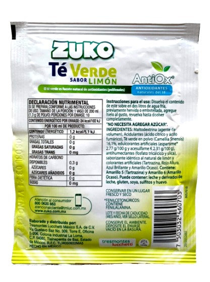 12-Pk ZUKO Green Tea Lemon Flavored Powdered Drink Mix 13g/.45oz