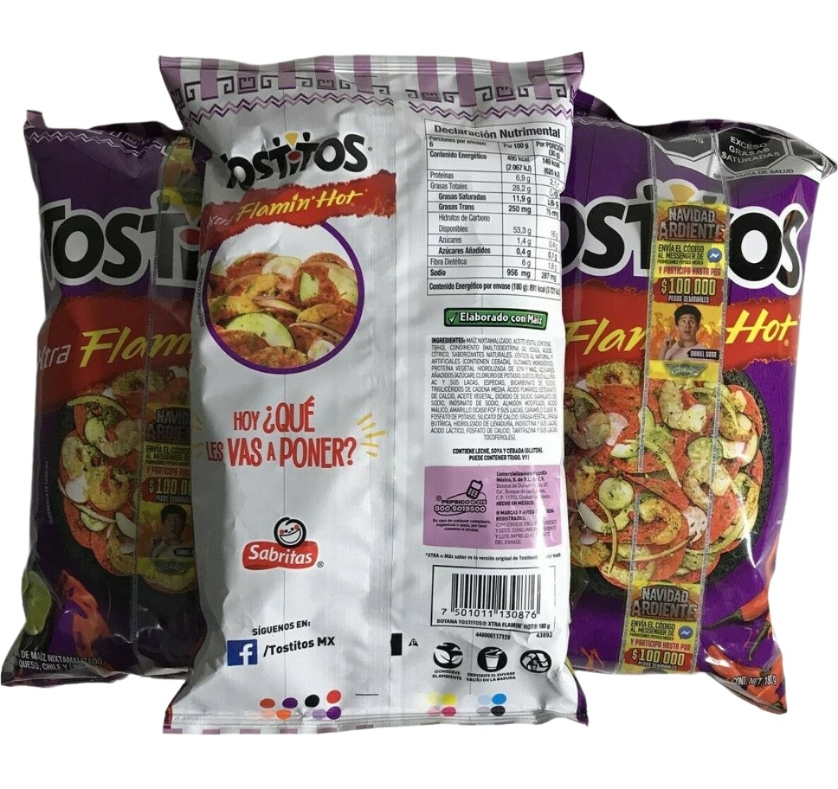 3-Pk Sabritas Tostitos XTRA FLAMIN HOT 180g/6.3oz