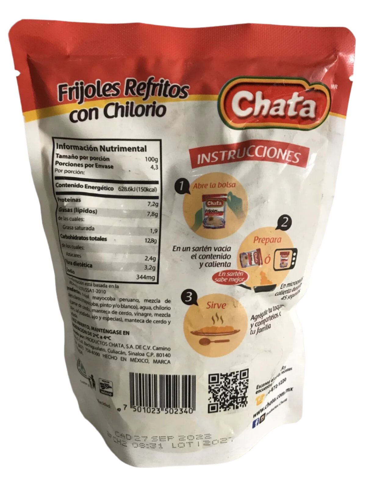 4-Pack Chata Refried Beans W/Chilorio / Frijoles Refritos C/Chilorio 430g/15oz